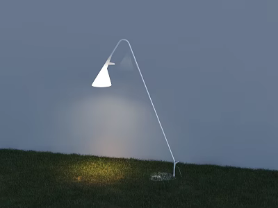 White Arched Floor Lamp Illuminating Green Grass With Gray Wall Background 3d model