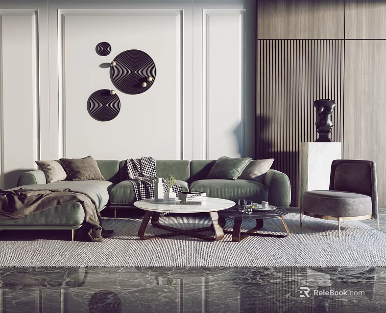 Modern Sofa and Coffee Table Set with Pillows Throw Blanket Accent Chair and Wall Decor 3d model 