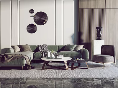 Modern Sofa and Coffee Table Set with Pillows Throw Blanket Accent Chair and Wall Decor 3d model