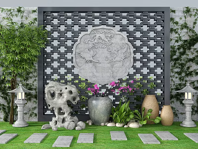Garden Ornaments With Lattice Screen Dragon Carving Rockery Stones Clay Pots Stone Lanterns And Plants 3d model