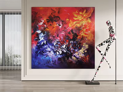 Abstract Oil Painting With Vibrant Red Yellow Blue Colors In Modern Interior With Decorative Sculpture 3d model