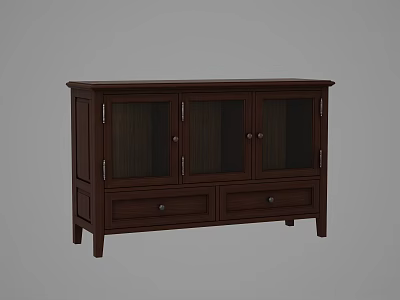 Dark Brown Solid Wood Sideboard With Glass Doors And Drawers For Dining Room 3d model