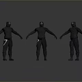 Three Black Outfit Human Figure 3D Models Standing In Different Poses