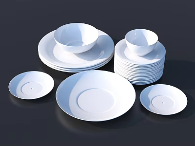White Dinnerware Set with Stacked Plates and Bowls for Kitchen Table 3d model