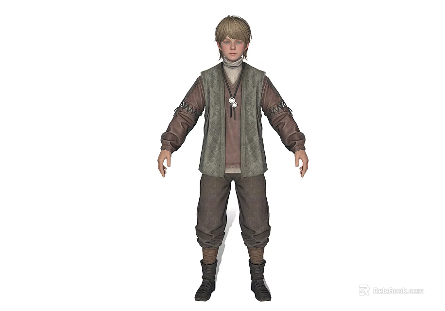 Game Movie Character with Short Blonde Hair Wearing Gray Vest Brown Pants and Black Boots 3d model 