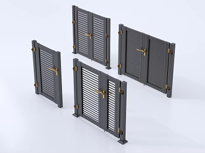 Gray Gates With Various Designs Including Louvered And Solid Panel Styles And Golden Handles 3d model