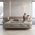 Minimalist Double Bed with Stylish Headboard and Cozy Bedding in Bright Room with Large Windows