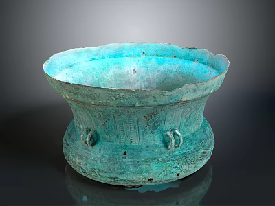 Ancient Style Bronze Furniture Decorative Basin with Green Patina Intricate Carvings and Loop Handles 3d model