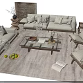 Cozy Sofa and Coffee Table Set With Wooden Accents Pillows Area Rug And Fruits