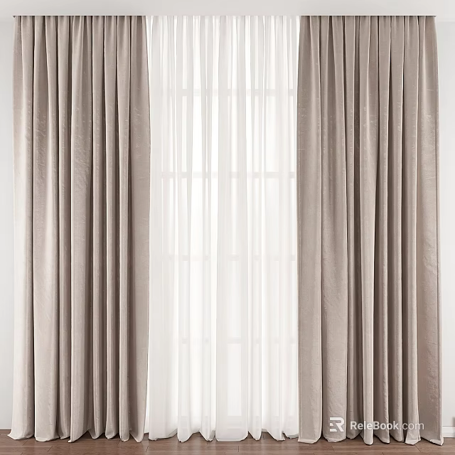 Elegant Light Brown Curtains With White Sheer Layer For Window Decoration 3d model