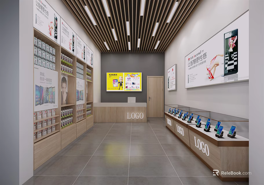 Modern Digital Store Interior With Neatly Arranged Shelves Display Counters And Electronic Products 3d model 