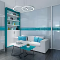 Modern Blue And White Reception Desk In Office Lobby With Logo And Sofa Seating