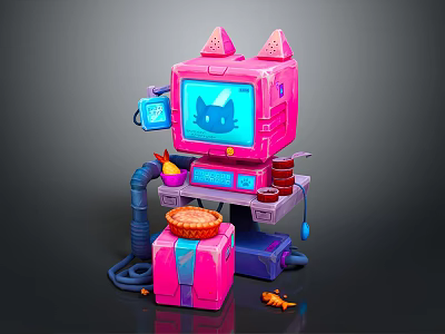 Pink Cat Ear Computer with Cute Cat Face Screen and Decorative Cake Plate Accessories 3d model
