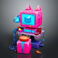 Pink Cat Ear Computer with Cute Cat Face Screen and Decorative Cake Plate Accessories 3d model