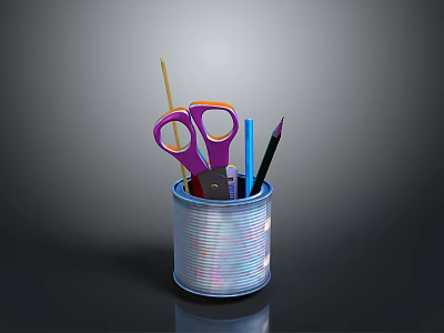 Practical Everyday Stationery Organizer Metal Can With Scissors Pencil And Ruler 3d model