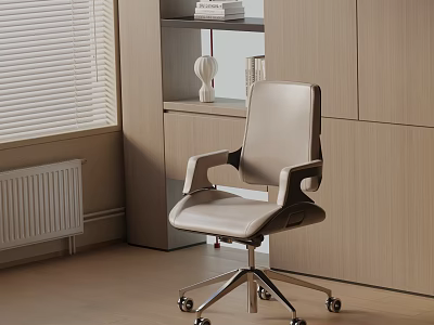 Modern Minimalist Office Chair In Light Gray Leather With Armrests Metal Base And Wooden Cabinets 3d model