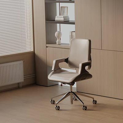 Modern Minimalist Office Chair In Light Gray Leather With Armrests Metal Base And Wooden Cabinets 3d model