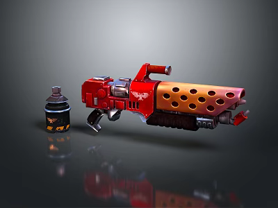 Futuristic Red Tactical Gun With Orange Holes And Side Bottle Accessory 3d model