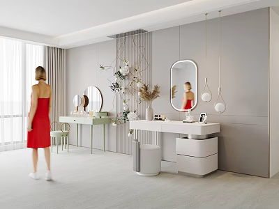 Elegant Modern Dressing Table With White Design Mirror Green Plants And Hanging Lights 3d model