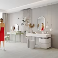 Elegant Modern Dressing Table With White Design Mirror Green Plants And Hanging Lights
