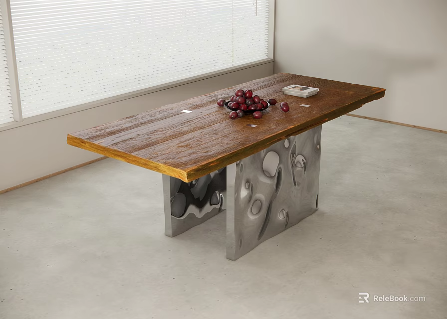 Natural Wood Top Dining Table With Red Grapes White Item Unique Metal Base In Modern Setting 3d model 