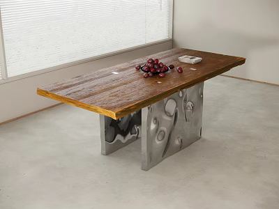 Natural Wood Top Dining Table With Red Grapes White Item Unique Metal Base In Modern Setting 3d model