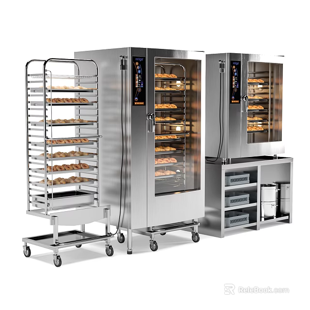 Stainless Steel Commercial Kitchen Oven With Glass Door Baking Cart And Multiple Racks 3d model 