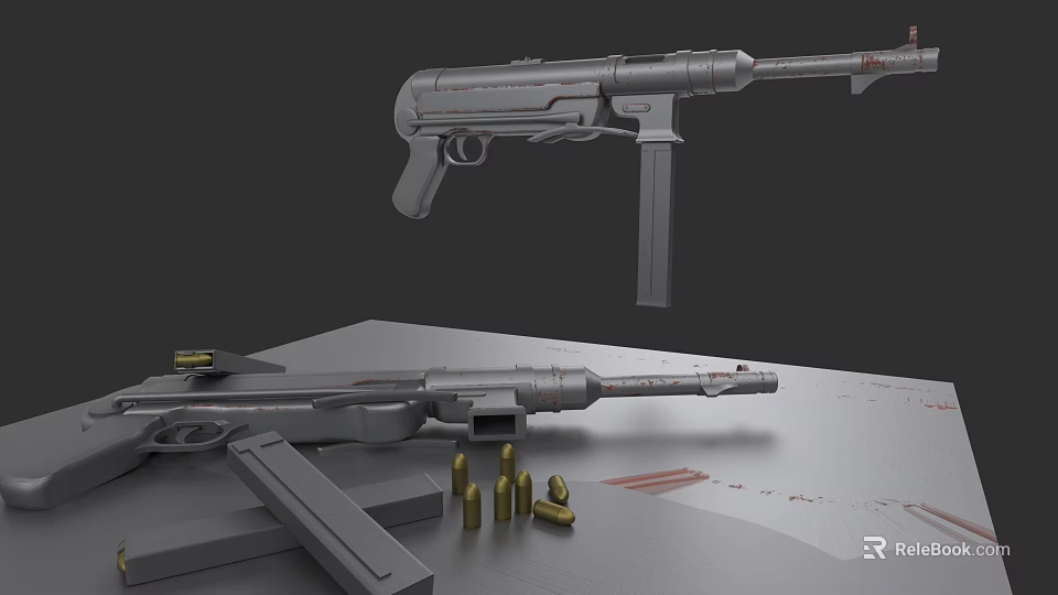 Detailed Submachine Guns With Bullets Display On Metal Table Surface Design View 3d model