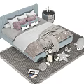 Light Blue Children's Bed With Pillows Blanket Plush Deer Whale Toys Nightstand And Rug