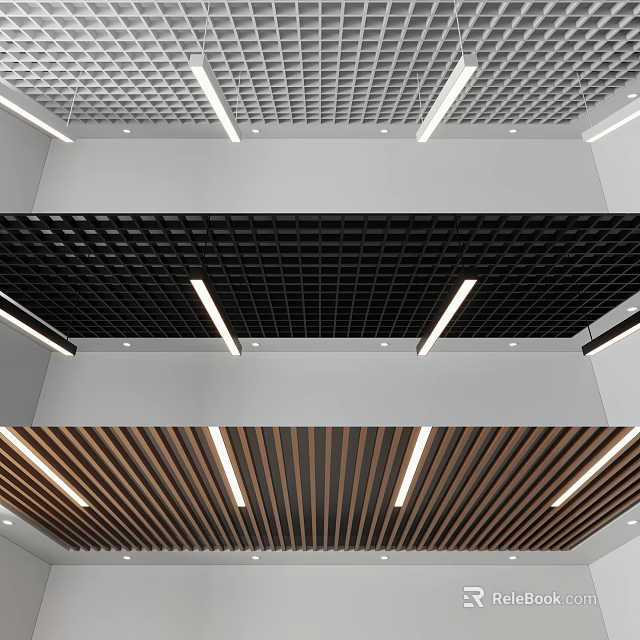 Modern Suspended Ceiling Designs With Black Grid Wooden Slats And Linear Lights 3d model 