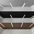 Modern Suspended Ceiling Designs With Black Grid Wooden Slats And Linear Lights