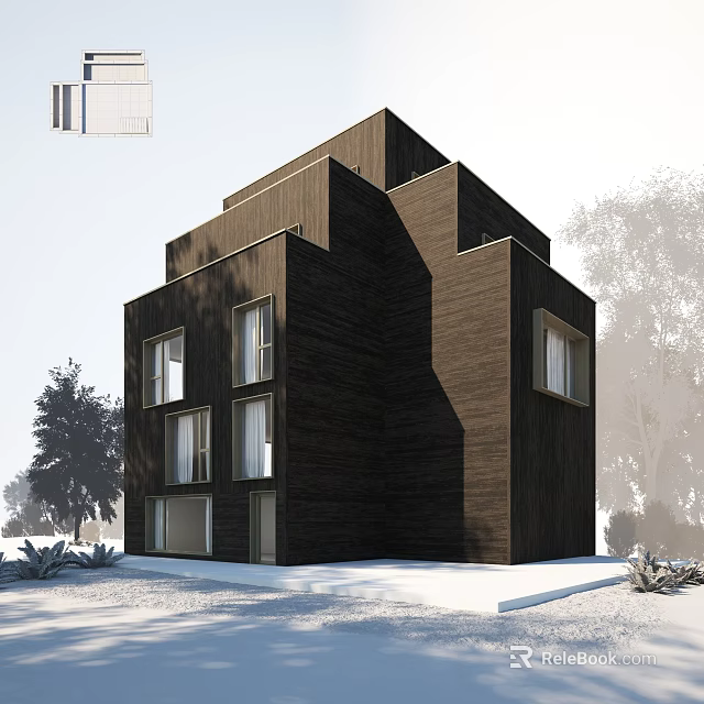 Modern Dark Wooden Villa Balcony With Unique Outdoor Space And Natural Trees 3d model 
