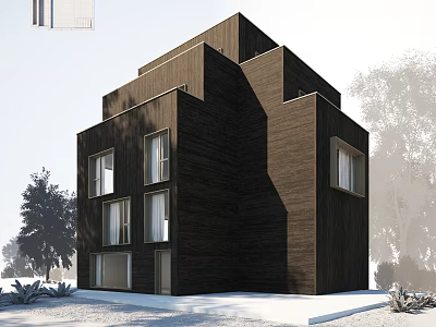 Modern Dark Wooden Villa Balcony With Unique Outdoor Space And Natural Trees 3d model