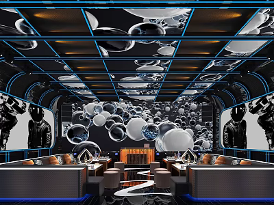 Modern KTV Interior Design With Spherical Ceiling Decor Blue Lighting And Sofa Seats 3d model