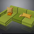 Vibrant Green L Shaped Sofa With Orange Yellow Pillows And Checkered Blanket