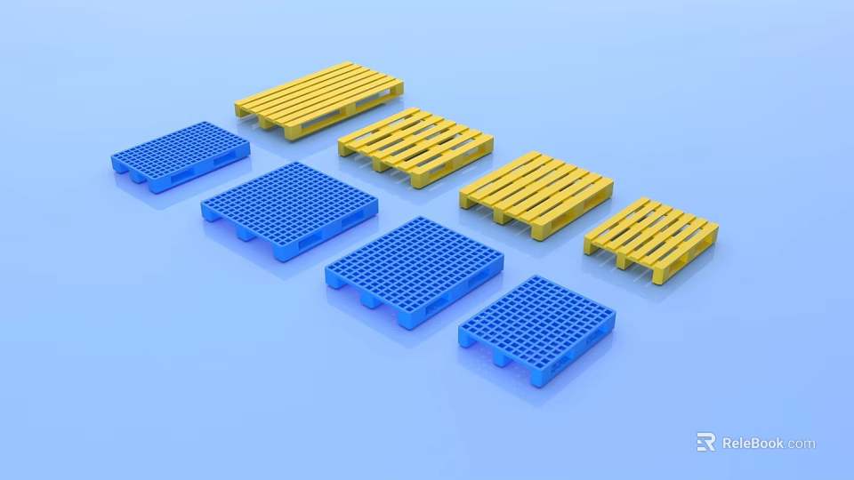 Blue and Yellow Industrial Plastic Pallets in Various Styles for Material Handling 3d model 