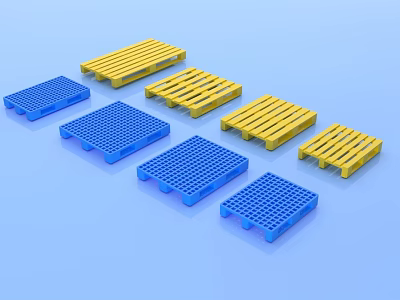 Blue and Yellow Industrial Plastic Pallets in Various Styles for Material Handling 3d model
