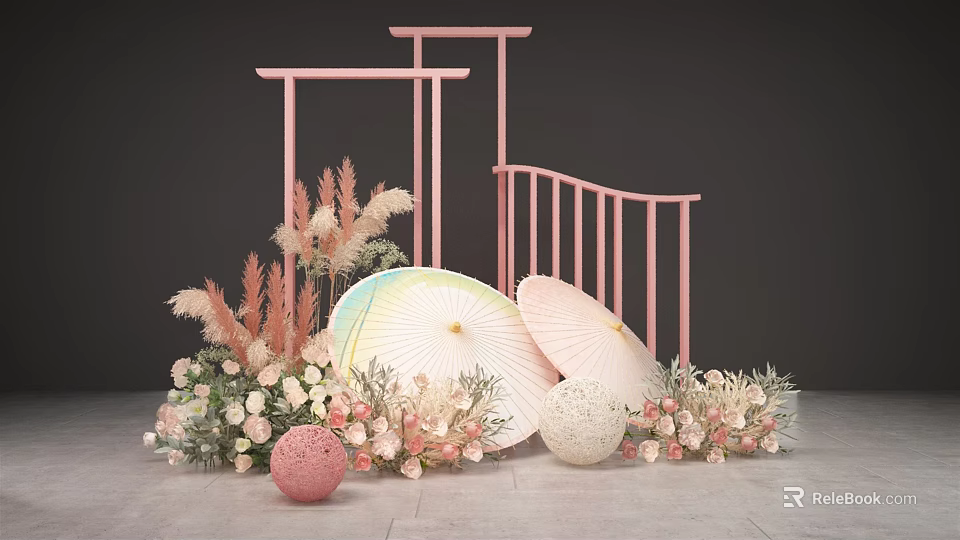 Stylish Decorative Setup With Pink Frames Pampas Grass Umbrellas And Flowers 3d model