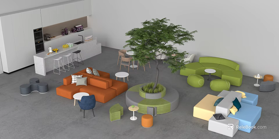 Modern Bar Interior with Orange Sofa Green Circular Sofa Large Tree and Small Round Tables 3d model