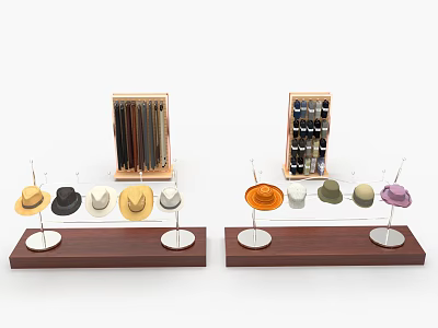 Retail Display Shelves Showcasing Hats On Metal Stands With Wooden Bases For Store 3d model