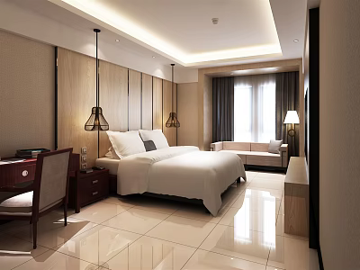 Modern Hotel Room Interior With King Bed Sofa Lighting And Spacious Design 3d model