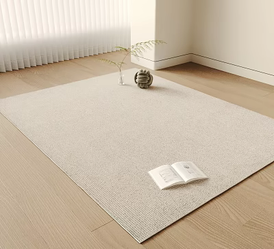 Modern Square Rug on Wooden Floor with Open Book Vase and White Blinds in Interior Space 3d model