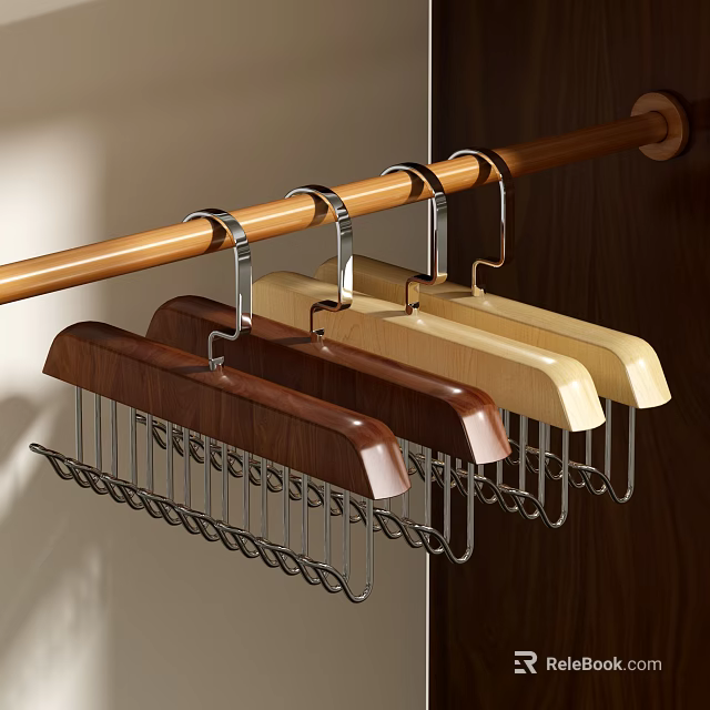 Stylish Wooden Clothes Hangers With Metal Hooks Hanging On Wooden Rod 3d model 