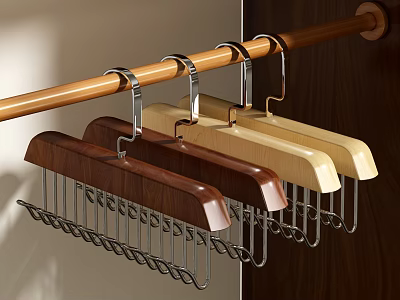 Stylish Wooden Clothes Hangers With Metal Hooks Hanging On Wooden Rod 3d model