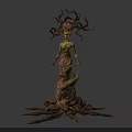 Mystical Humanoid Tree Creature Featuring Twisted Vines Floral Headpiece And Rooted Lower Body
