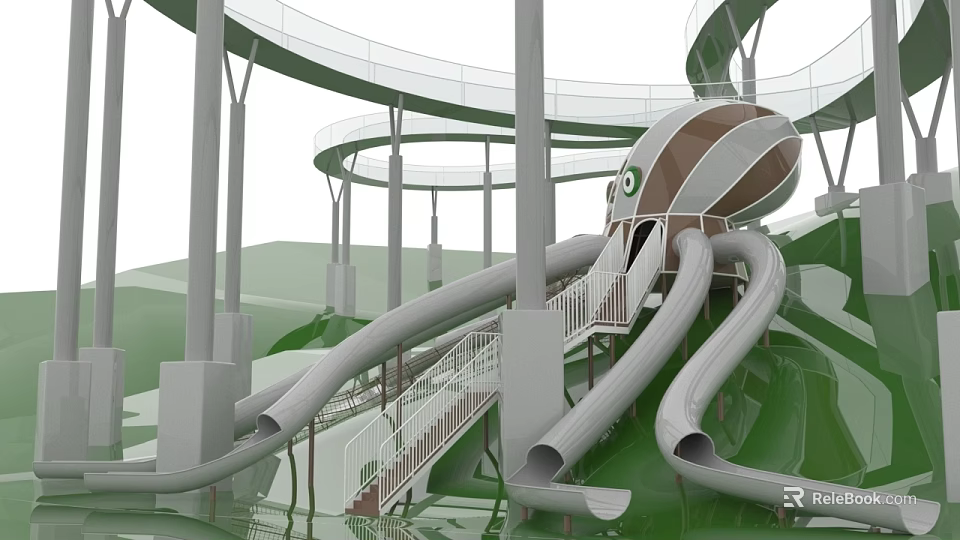 Large Children's Play Area With Multiple Slides Green Structure And Pillars 3d model 