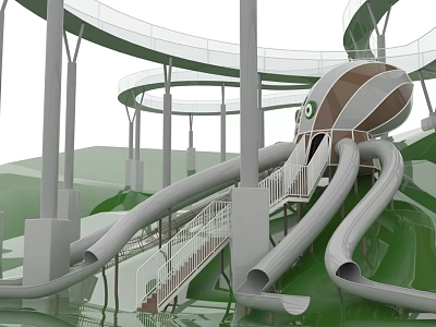 Large Children's Play Area With Multiple Slides Green Structure And Pillars 3d model