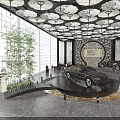 Luxury Car Showroom Interior With Umbrella Style Ceiling Large Windows Green Plants And Circular Platform