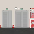 Fire Safety Equipment Setup With Fire Doors Exit Signs Red Extinguisher And Cabinet