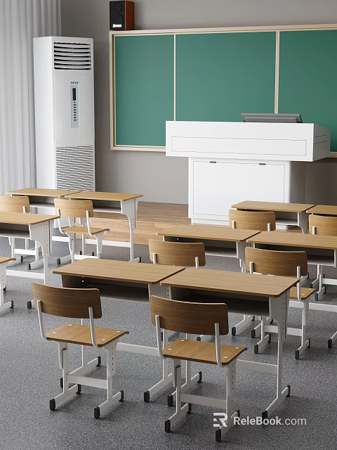 Modern School Classroom Interior With Greenboard White Podium And Wooden Desks Chairs 3d model 